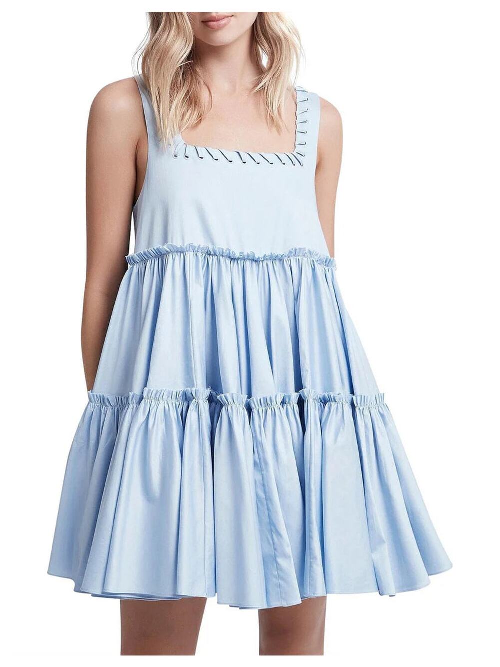 Aje Hushed Sleeveless Square Neck Tiered Mini Swing Dress Sky Blue Womens Size 8